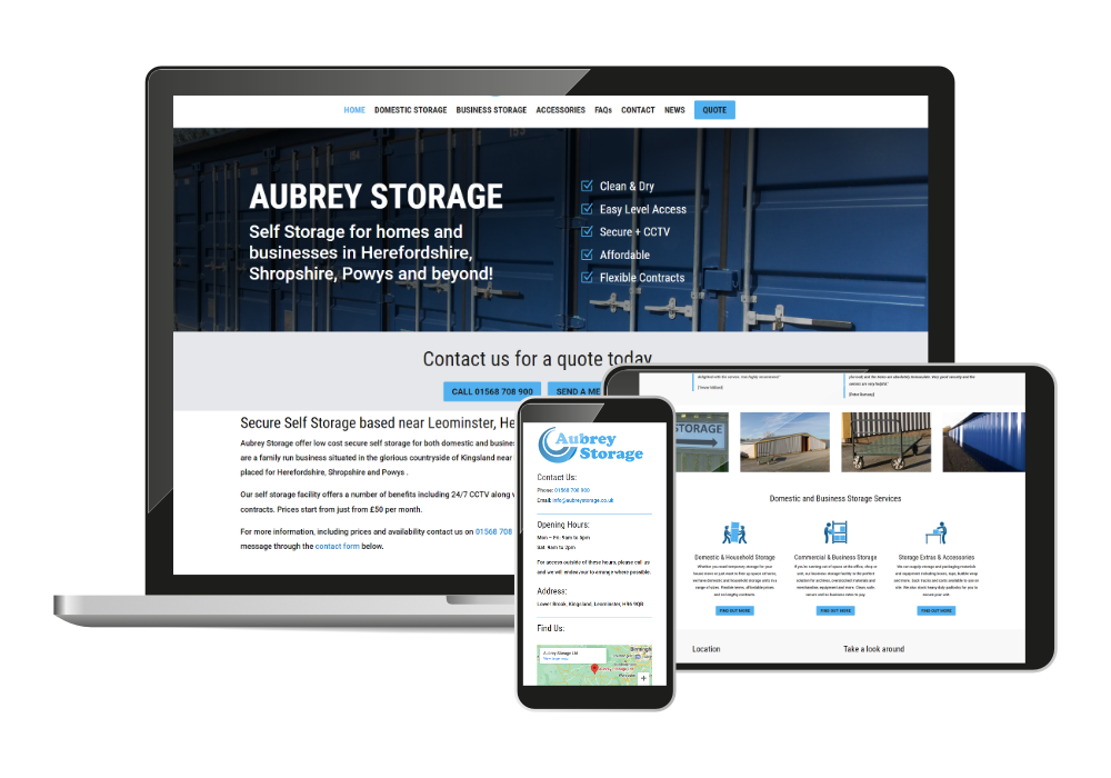Storage company website screenshot - Aubrey Storage Herefordshire