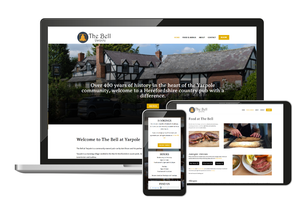 Web design for pub restaurant The Bell in Yarpole Herefordshire